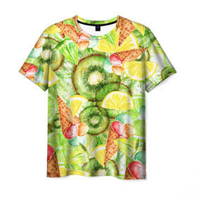 Мужская футболка 3D с принтом Веселые фрукты 2 в Тюмени, 100% полиэфир | прямой крой, круглый вырез горловины, длина до линии бедер | апельсин | арбуз | банан | виноград | груша | киви | мороженое | овощи | питание | ппп | правильное | тайланд | фрукт | яблоко