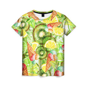 Женская футболка 3D с принтом Веселые фрукты 2 в Тюмени, 100% полиэфир ( синтетическое хлопкоподобное полотно) | прямой крой, круглый вырез горловины, длина до линии бедер | апельсин | арбуз | банан | виноград | груша | киви | мороженое | овощи | питание | ппп | правильное | тайланд | фрукт | яблоко
