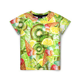 Детская футболка 3D с принтом Веселые фрукты 2 в Тюмени, 100% гипоаллергенный полиэфир | прямой крой, круглый вырез горловины, длина до линии бедер, чуть спущенное плечо, ткань немного тянется | апельсин | арбуз | банан | виноград | груша | киви | мороженое | овощи | питание | ппп | правильное | тайланд | фрукт | яблоко