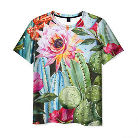 Мужская футболка 3D с принтом Зелень в Тюмени, 100% полиэфир | прямой крой, круглый вырез горловины, длина до линии бедер | кактусы | лилия | тропики | цветы