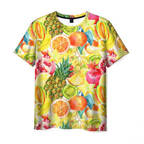 Мужская футболка 3D с принтом Веселые фрукты 1 в Тюмени, 100% полиэфир | прямой крой, круглый вырез горловины, длина до линии бедер | Тематика изображения на принте: апельсин | арбуз | банан | виноград | груша | киви | овощи | питание | ппп | правильное | тайланд | фрукт | яблоко