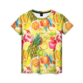 Женская футболка 3D с принтом Веселые фрукты 1 в Тюмени, 100% полиэфир ( синтетическое хлопкоподобное полотно) | прямой крой, круглый вырез горловины, длина до линии бедер | апельсин | арбуз | банан | виноград | груша | киви | овощи | питание | ппп | правильное | тайланд | фрукт | яблоко