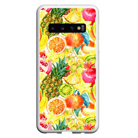 Чехол для Samsung Galaxy S10 с принтом Веселые фрукты 1 в Тюмени, Силикон | Область печати: задняя сторона чехла, без боковых панелей | апельсин | арбуз | банан | виноград | груша | киви | овощи | питание | ппп | правильное | тайланд | фрукт | яблоко