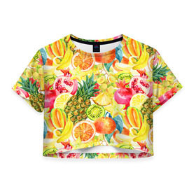 Женская футболка 3D укороченная с принтом Веселые фрукты 1 в Тюмени, 100% полиэстер | круглая горловина, длина футболки до линии талии, рукава с отворотами | апельсин | арбуз | банан | виноград | груша | киви | овощи | питание | ппп | правильное | тайланд | фрукт | яблоко