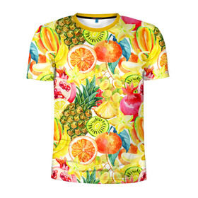 Мужская футболка 3D спортивная с принтом Веселые фрукты 1 в Тюмени, 100% полиэстер с улучшенными характеристиками | приталенный силуэт, круглая горловина, широкие плечи, сужается к линии бедра | Тематика изображения на принте: апельсин | арбуз | банан | виноград | груша | киви | овощи | питание | ппп | правильное | тайланд | фрукт | яблоко