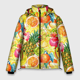 Мужская зимняя куртка 3D с принтом Веселые фрукты 1 в Тюмени, верх — 100% полиэстер; подкладка — 100% полиэстер; утеплитель — 100% полиэстер | длина ниже бедра, свободный силуэт Оверсайз. Есть воротник-стойка, отстегивающийся капюшон и ветрозащитная планка. 

Боковые карманы с листочкой на кнопках и внутренний карман на молнии. | Тематика изображения на принте: апельсин | арбуз | банан | виноград | груша | киви | овощи | питание | ппп | правильное | тайланд | фрукт | яблоко