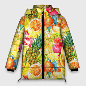 Женская зимняя куртка 3D с принтом Веселые фрукты 1 в Тюмени, верх — 100% полиэстер; подкладка — 100% полиэстер; утеплитель — 100% полиэстер | длина ниже бедра, силуэт Оверсайз. Есть воротник-стойка, отстегивающийся капюшон и ветрозащитная планка. 

Боковые карманы с листочкой на кнопках и внутренний карман на молнии | апельсин | арбуз | банан | виноград | груша | киви | овощи | питание | ппп | правильное | тайланд | фрукт | яблоко