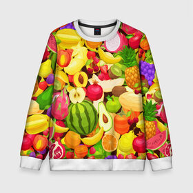 Детский свитшот 3D с принтом Веселые фрукты в Тюмени, 100% полиэстер | свободная посадка, прямой крой, мягкая тканевая резинка на рукавах и понизу свитшота | Тематика изображения на принте: апельсин | арбуз | банан | виноград | груша | киви | овощи | питание | ппп | правильное | тайланд | фрукт | яблоко