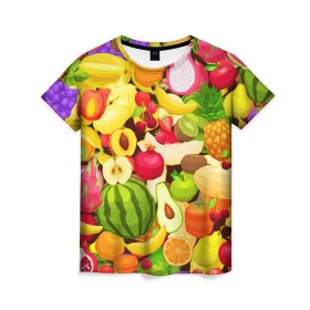 Женская футболка 3D с принтом Веселые фрукты в Тюмени, 100% полиэфир ( синтетическое хлопкоподобное полотно) | прямой крой, круглый вырез горловины, длина до линии бедер | апельсин | арбуз | банан | виноград | груша | киви | овощи | питание | ппп | правильное | тайланд | фрукт | яблоко