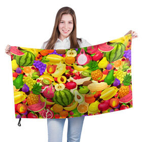Флаг 3D с принтом Веселые фрукты в Тюмени, 100% полиэстер | плотность ткани — 95 г/м2, размер — 67 х 109 см. Принт наносится с одной стороны | апельсин | арбуз | банан | виноград | груша | киви | овощи | питание | ппп | правильное | тайланд | фрукт | яблоко