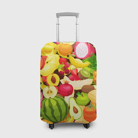Чехол для чемодана 3D с принтом Веселые фрукты в Тюмени, 86% полиэфир, 14% спандекс | двустороннее нанесение принта, прорези для ручек и колес | апельсин | арбуз | банан | виноград | груша | киви | овощи | питание | ппп | правильное | тайланд | фрукт | яблоко