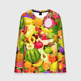 Мужской лонгслив 3D с принтом Веселые фрукты в Тюмени, 100% полиэстер | длинные рукава, круглый вырез горловины, полуприлегающий силуэт | апельсин | арбуз | банан | виноград | груша | киви | овощи | питание | ппп | правильное | тайланд | фрукт | яблоко