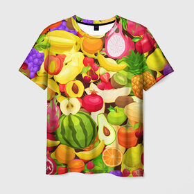 Мужская футболка 3D с принтом Веселые фрукты в Тюмени, 100% полиэфир | прямой крой, круглый вырез горловины, длина до линии бедер | апельсин | арбуз | банан | виноград | груша | киви | овощи | питание | ппп | правильное | тайланд | фрукт | яблоко