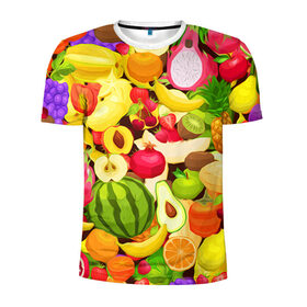 Мужская футболка 3D спортивная с принтом Веселые фрукты в Тюмени, 100% полиэстер с улучшенными характеристиками | приталенный силуэт, круглая горловина, широкие плечи, сужается к линии бедра | апельсин | арбуз | банан | виноград | груша | киви | овощи | питание | ппп | правильное | тайланд | фрукт | яблоко