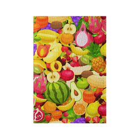 Обложка для паспорта матовая кожа с принтом Веселые фрукты в Тюмени, натуральная матовая кожа | размер 19,3 х 13,7 см; прозрачные пластиковые крепления | апельсин | арбуз | банан | виноград | груша | киви | овощи | питание | ппп | правильное | тайланд | фрукт | яблоко