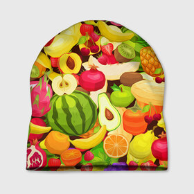 Шапка 3D с принтом Веселые фрукты в Тюмени, 100% полиэстер | универсальный размер, печать по всей поверхности изделия | Тематика изображения на принте: апельсин | арбуз | банан | виноград | груша | киви | овощи | питание | ппп | правильное | тайланд | фрукт | яблоко