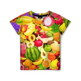 Детская футболка 3D с принтом Веселые фрукты в Тюмени, 100% гипоаллергенный полиэфир | прямой крой, круглый вырез горловины, длина до линии бедер, чуть спущенное плечо, ткань немного тянется | Тематика изображения на принте: апельсин | арбуз | банан | виноград | груша | киви | овощи | питание | ппп | правильное | тайланд | фрукт | яблоко
