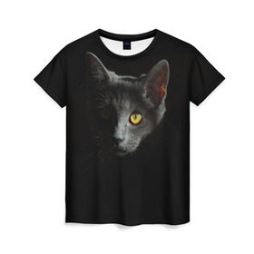 Женская футболка 3D с принтом Кошачий взгляд в Тюмени, 100% полиэфир ( синтетическое хлопкоподобное полотно) | прямой крой, круглый вырез горловины, длина до линии бедер | глаз | киска | кот | котёнок | кошка | прикольные картинки | темнота | тьма