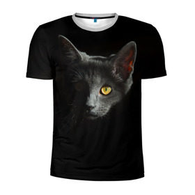 Мужская футболка 3D спортивная с принтом Кошачий взгляд в Тюмени, 100% полиэстер с улучшенными характеристиками | приталенный силуэт, круглая горловина, широкие плечи, сужается к линии бедра | глаз | киска | кот | котёнок | кошка | прикольные картинки | темнота | тьма