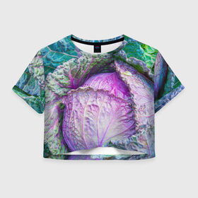 Женская футболка 3D укороченная с принтом Капуста в Тюмени, 100% полиэстер | круглая горловина, длина футболки до линии талии, рукава с отворотами | дача | еда | зелень | капуста | овощи | огород | растения | цветная капуста