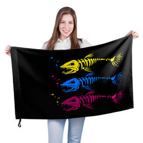 Флаг 3D с принтом Рыбалка в Тюмени, 100% полиэстер | плотность ткани — 95 г/м2, размер — 67 х 109 см. Принт наносится с одной стороны | art | bubbles | fish | fishing | river | skeleton | water | арт | вода | пузыри | река | рыба | рыбалка | скелет