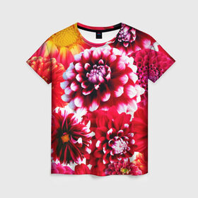 Женская футболка 3D с принтом Яркие цветы в Тюмени, 100% полиэфир ( синтетическое хлопкоподобное полотно) | прямой крой, круглый вырез горловины, длина до линии бедер | Тематика изображения на принте: красный | лепестки | прикольные картинки | цветочки | цветы