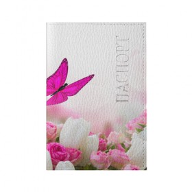 Обложка для паспорта матовая кожа с принтом Бабочка над розами в Тюмени, натуральная матовая кожа | размер 19,3 х 13,7 см; прозрачные пластиковые крепления | Тематика изображения на принте: бабочки | нежный | розы | цветы