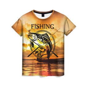 Женская футболка 3D с принтом Рыбалка в Тюмени, 100% полиэфир ( синтетическое хлопкоподобное полотно) | прямой крой, круглый вырез горловины, длина до линии бедер | Тематика изображения на принте: boat | clouds | emblem | fish | fishermen | fishing | logo | nature | net | reflection | river | sky | sturgeon | sun | sunset | water | wave | вода | волна | закат | логотип | лодка | небо | облака | осетр | отражение | природа | река | рыба | рыбаки | р