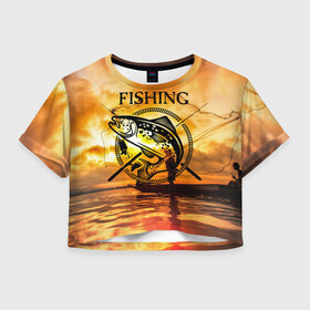 Женская футболка 3D укороченная с принтом Рыбалка в Тюмени, 100% полиэстер | круглая горловина, длина футболки до линии талии, рукава с отворотами | Тематика изображения на принте: boat | clouds | emblem | fish | fishermen | fishing | logo | nature | net | reflection | river | sky | sturgeon | sun | sunset | water | wave | вода | волна | закат | логотип | лодка | небо | облака | осетр | отражение | природа | река | рыба | рыбаки | р