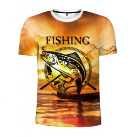 Мужская футболка 3D спортивная с принтом Рыбалка в Тюмени, 100% полиэстер с улучшенными характеристиками | приталенный силуэт, круглая горловина, широкие плечи, сужается к линии бедра | Тематика изображения на принте: boat | clouds | emblem | fish | fishermen | fishing | logo | nature | net | reflection | river | sky | sturgeon | sun | sunset | water | wave | вода | волна | закат | логотип | лодка | небо | облака | осетр | отражение | природа | река | рыба | рыбаки | р