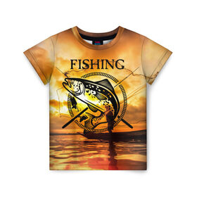 Детская футболка 3D с принтом Рыбалка в Тюмени, 100% гипоаллергенный полиэфир | прямой крой, круглый вырез горловины, длина до линии бедер, чуть спущенное плечо, ткань немного тянется | Тематика изображения на принте: boat | clouds | emblem | fish | fishermen | fishing | logo | nature | net | reflection | river | sky | sturgeon | sun | sunset | water | wave | вода | волна | закат | логотип | лодка | небо | облака | осетр | отражение | природа | река | рыба | рыбаки | р