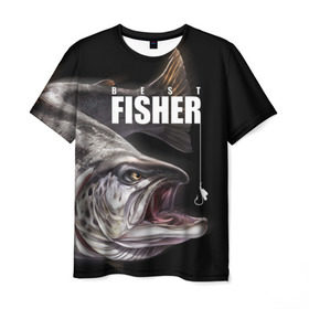 Мужская футболка 3D с принтом Лучший рыбак в Тюмени, 100% полиэфир | прямой крой, круглый вырез горловины, длина до линии бедер | background | best fisherman | black | fish | fishing | sturgeon | лучший рыбак | осетр | рыба | рыбалка | фон | черный