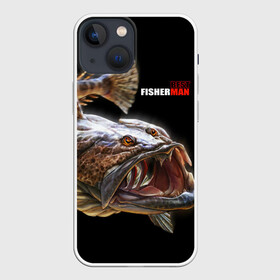 Чехол для iPhone 13 mini с принтом Лучший рыбак в Тюмени,  |  | best fisherman | black background | deep | fish | fishing | jaws | predator | teeth | water | вода | глубина | зубы | лучший | пасть | рыба | рыбак | рыбалка | хищник | черный фон