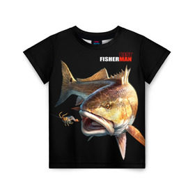 Детская футболка 3D с принтом Лучший рыбак в Тюмени, 100% гипоаллергенный полиэфир | прямой крой, круглый вырез горловины, длина до линии бедер, чуть спущенное плечо, ткань немного тянется | background | best fisherman | black | fish | fishing | лучший рыбак | рыба | рыбалка | фон | черный