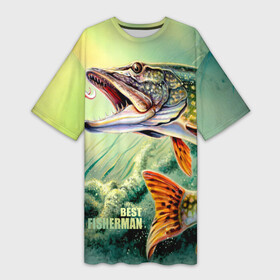 Платье-футболка 3D с принтом Лучший рыбак в Тюмени,  |  | bait | best fisherman | driftwood | fish | fishing | hook | pike | river bottom | water | вода | дно | коряга | крючок | лучший рыбак | наживка | река | рыба | рыбалка | щука