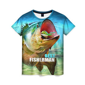 Женская футболка 3D с принтом Лучший рыбак в Тюмени, 100% полиэфир ( синтетическое хлопкоподобное полотно) | прямой крой, круглый вырез горловины, длина до линии бедер | крючок | лягушка | наживка | рыба