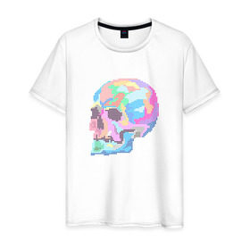 Мужская футболка хлопок с принтом Psychedelic skull в Тюмени, 100% хлопок | прямой крой, круглый вырез горловины, длина до линии бедер, слегка спущенное плечо. | Тематика изображения на принте: пиксельный | разноцветный | точечный | череп