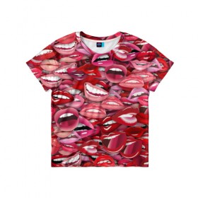 Детская футболка 3D с принтом Женские рты в Тюмени, 100% гипоаллергенный полиэфир | прямой крой, круглый вырез горловины, длина до линии бедер, чуть спущенное плечо, ткань немного тянется | губы | розовый | улыбка