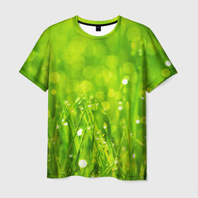 Мужская футболка 3D с принтом Роса на траве в Тюмени, 100% полиэфир | прямой крой, круглый вырез горловины, длина до линии бедер | зелёный | зелень | луг | роса | яркий