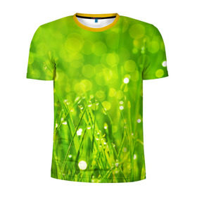 Мужская футболка 3D спортивная с принтом Роса на траве в Тюмени, 100% полиэстер с улучшенными характеристиками | приталенный силуэт, круглая горловина, широкие плечи, сужается к линии бедра | зелёный | зелень | луг | роса | яркий