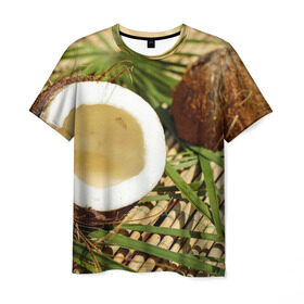 Мужская футболка 3D с принтом Кокос в Тюмени, 100% полиэфир | прямой крой, круглый вырез горловины, длина до линии бедер | бамбук | белый | еда | зеленый | кокос | лето | листья | орех | природа | продукты