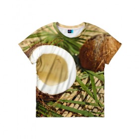 Детская футболка 3D с принтом Кокос в Тюмени, 100% гипоаллергенный полиэфир | прямой крой, круглый вырез горловины, длина до линии бедер, чуть спущенное плечо, ткань немного тянется | бамбук | белый | еда | зеленый | кокос | лето | листья | орех | природа | продукты