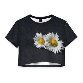 Женская футболка 3D укороченная с принтом Ромашки в Тюмени, 100% полиэстер | круглая горловина, длина футболки до линии талии, рукава с отворотами | зелень | лепестки | пара | природа | растения | ромашки | цветы