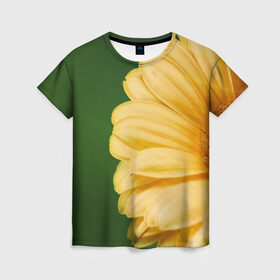 Женская футболка 3D с принтом Лепестки в Тюмени, 100% полиэфир ( синтетическое хлопкоподобное полотно) | прямой крой, круглый вырез горловины, длина до линии бедер | герберы | зелень | лепестки | природа | растения | цветы