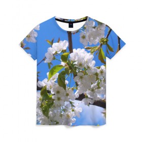 Женская футболка 3D с принтом Вишнёвый цвет в Тюмени, 100% полиэфир ( синтетическое хлопкоподобное полотно) | прямой крой, круглый вырез горловины, длина до линии бедер | весна | вишня | лепестки | прикольные картинки | цветение | цветы