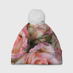 Шапка 3D c помпоном с принтом Розы в Тюмени, 100% полиэстер | универсальный размер, печать по всей поверхности изделия | букет | вода | капли | лепестки | природа | растения | розовые | розы | роса | цветок | цветы