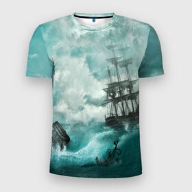 Мужская футболка 3D спортивная с принтом Море в Тюмени, 100% полиэстер с улучшенными характеристиками | приталенный силуэт, круглая горловина, широкие плечи, сужается к линии бедра | бочка | вода | волны | корабль | море | небо | новые | облака | океан | природа | шторм | якорь