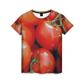 Женская футболка 3D с принтом Томаты в Тюмени, 100% полиэфир ( синтетическое хлопкоподобное полотно) | прямой крой, круглый вырез горловины, длина до линии бедер | дача | еда | зелень | красный | овощи | огород | помидоры | томаты
