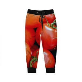 Детские брюки 3D с принтом Томаты в Тюмени, 100% полиэстер | манжеты по низу, эластичный пояс регулируется шнурком, по бокам два кармана без застежек, внутренняя часть кармана из мелкой сетки | дача | еда | зелень | красный | овощи | огород | помидоры | томаты