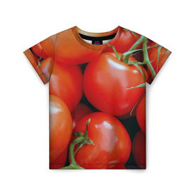 Детская футболка 3D с принтом Томаты в Тюмени, 100% гипоаллергенный полиэфир | прямой крой, круглый вырез горловины, длина до линии бедер, чуть спущенное плечо, ткань немного тянется | дача | еда | зелень | красный | овощи | огород | помидоры | томаты